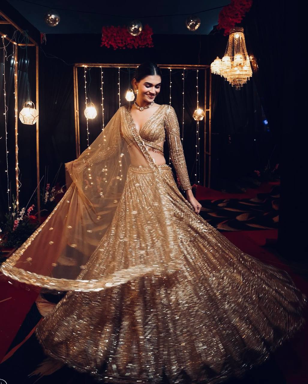 Gold Sparkling Kasturi Silk Georgette Lehenga Set with Sequins & Dori Work