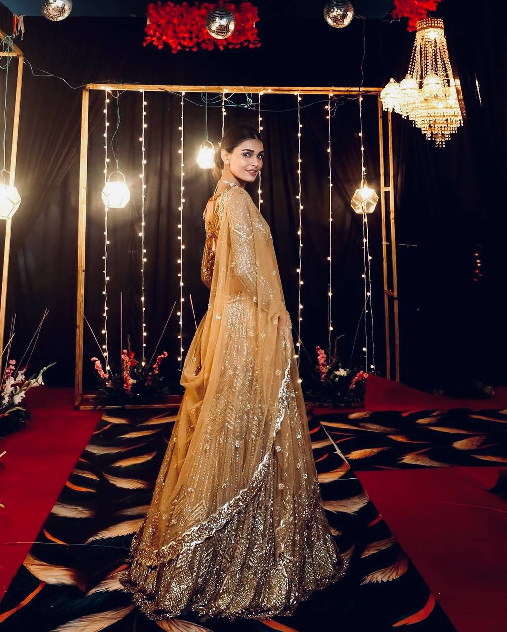 Gold Sparkling Kasturi Silk Georgette Lehenga Set with Sequins & Dori Work