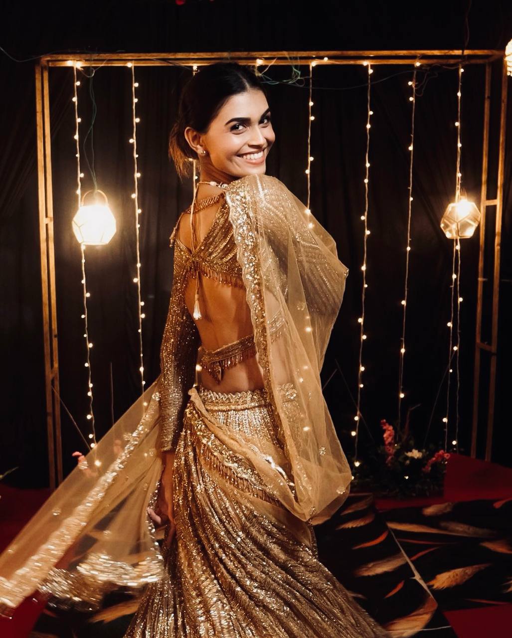 Gold Sparkling Kasturi Silk Georgette Lehenga Set with Sequins & Dori Work