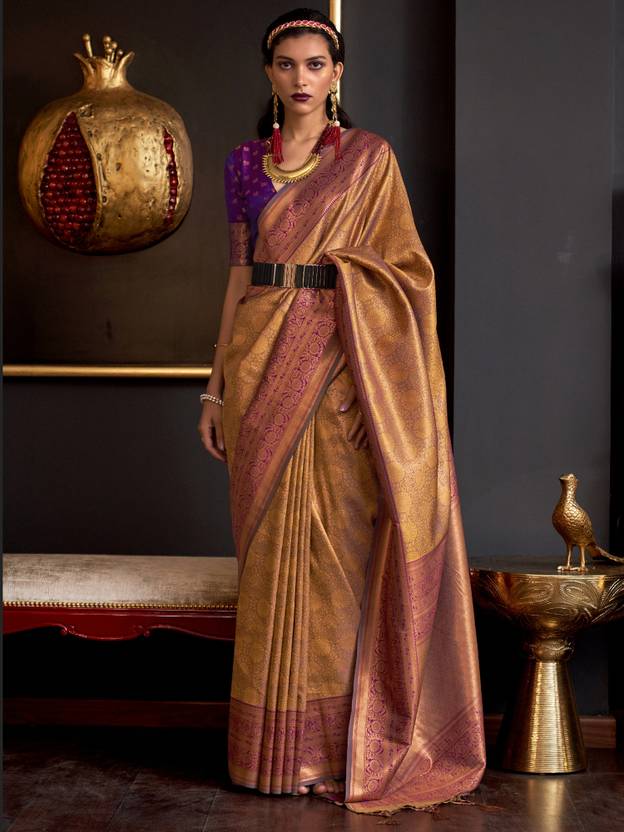 Golden Elegant Banarasi Silk Blend Woven Saree with Tassel Detailing