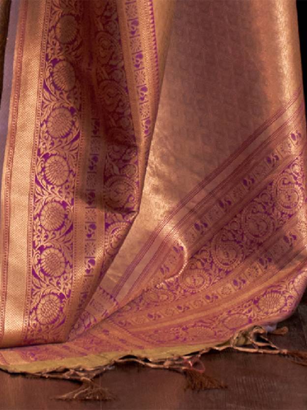 Golden Elegant Banarasi Silk Blend Woven Saree with Tassel Detailing