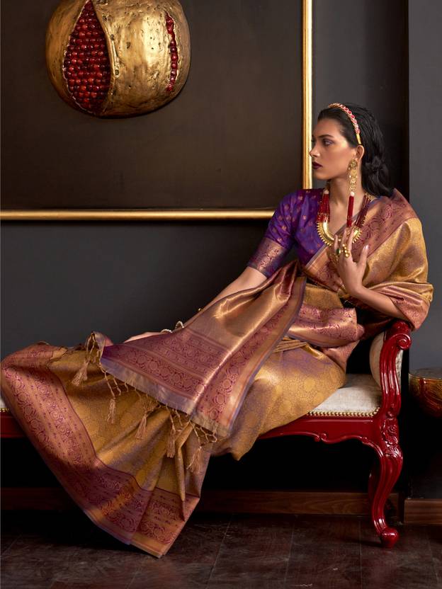 Golden Elegant Banarasi Silk Blend Woven Saree with Tassel Detailing