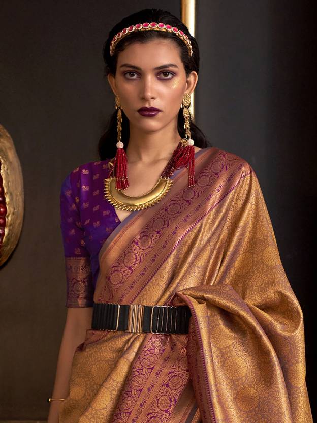 Golden Elegant Banarasi Silk Blend Woven Saree with Tassel Detailing
