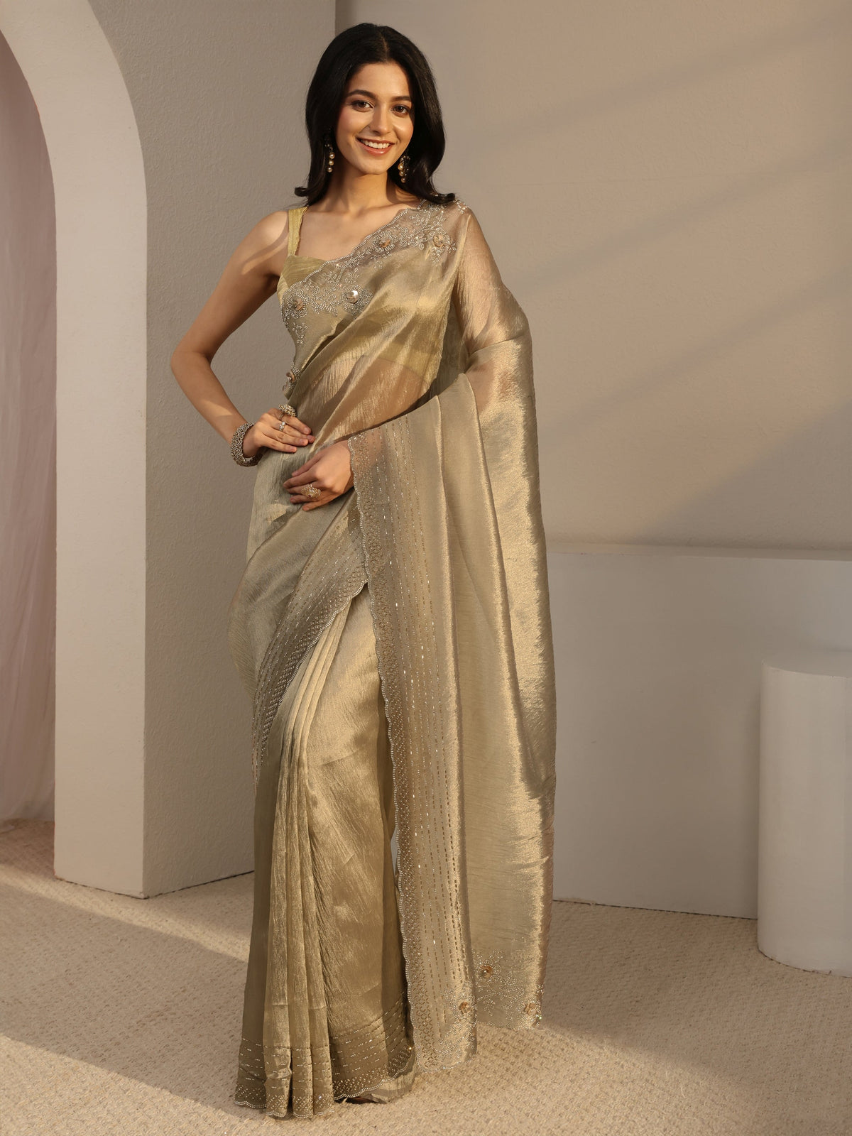 Anouk Golden Embellished Tissue Saree With Unstiched Blouse Piece