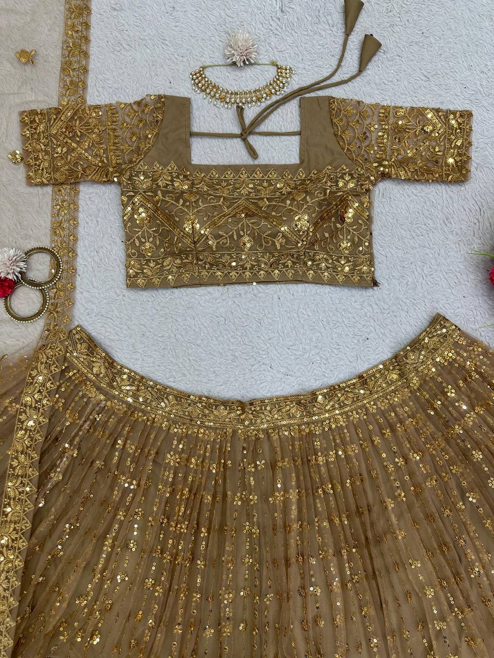 Golden Glam Butterfly Net Lehenga Set with Sequin Embroidery & Designer Lace Dupatta