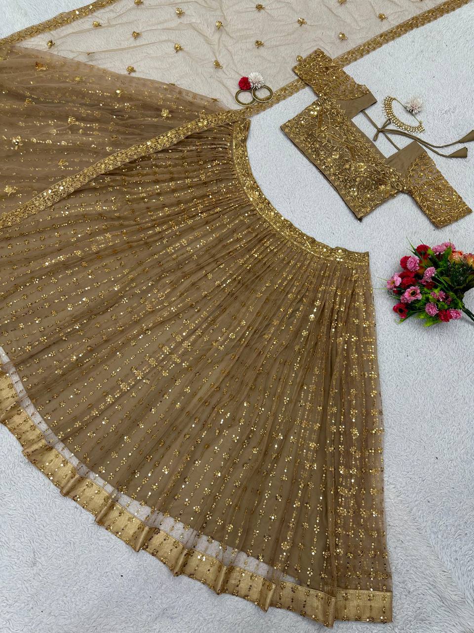 Golden Glam Butterfly Net Lehenga Set with Sequin Embroidery & Designer Lace Dupatta