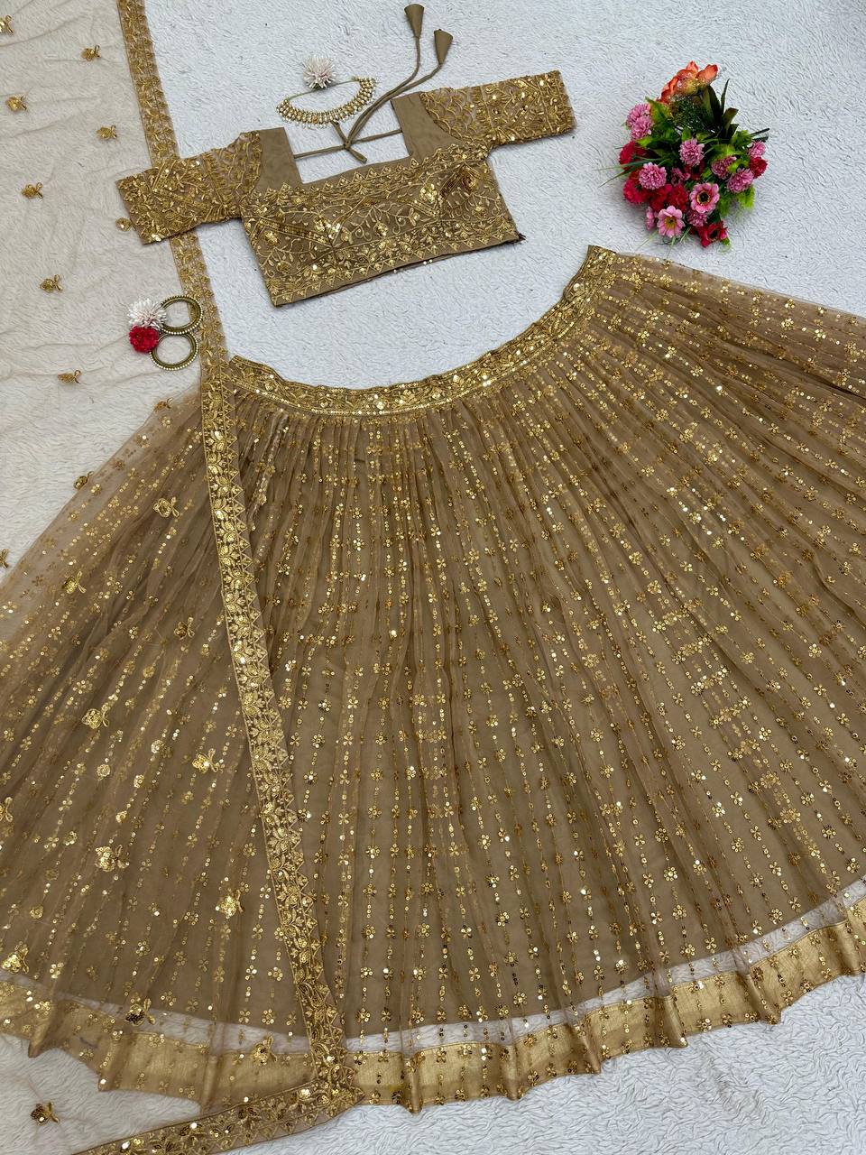 Golden Glam Butterfly Net Lehenga Set with Sequin Embroidery & Designer Lace Dupatta
