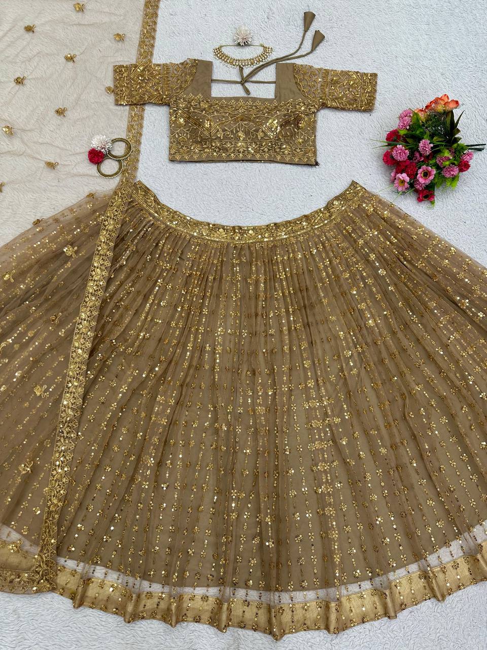 Golden Glam Butterfly Net Lehenga Set with Sequin Embroidery & Designer Lace Dupatta