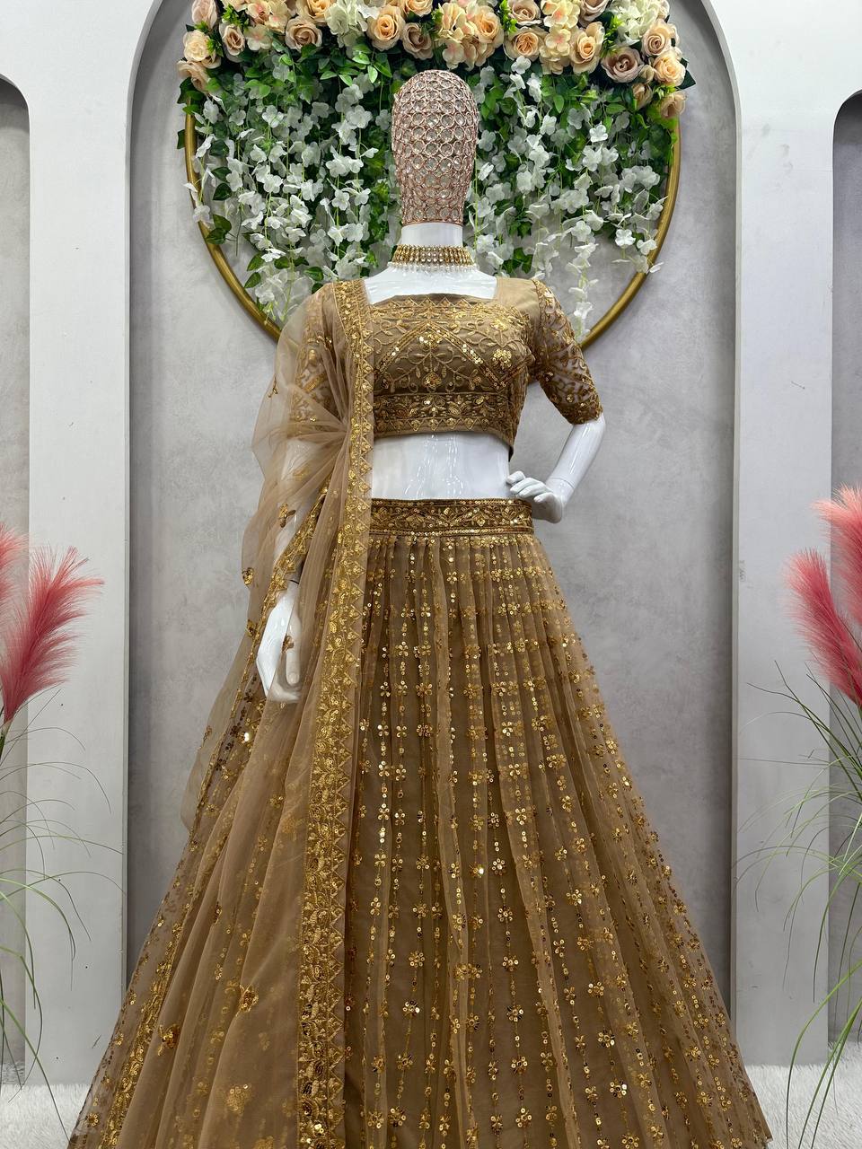 Golden Glam Butterfly Net Lehenga Set with Sequin Embroidery & Designer Lace Dupatta