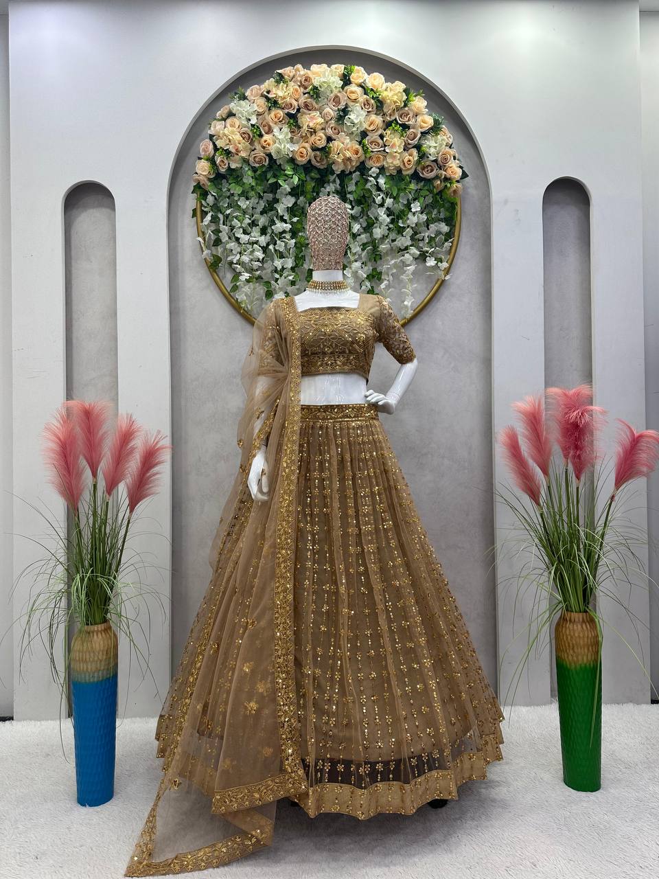 Golden Glam Butterfly Net Lehenga Set with Sequin Embroidery & Designer Lace Dupatta