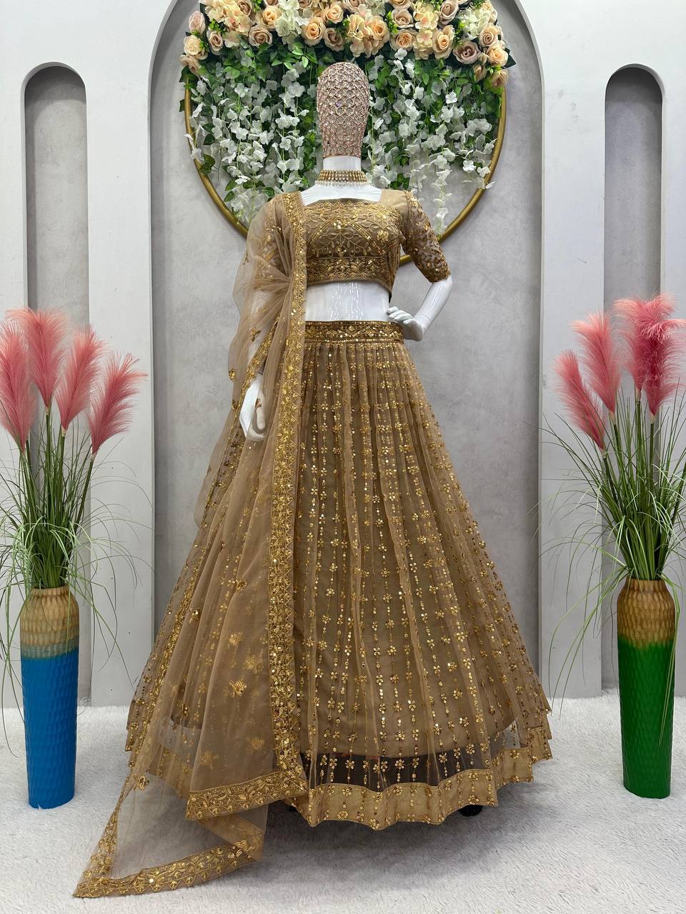 Golden Glam Butterfly Net Lehenga Set with Sequin Embroidery & Designer Lace Dupatta