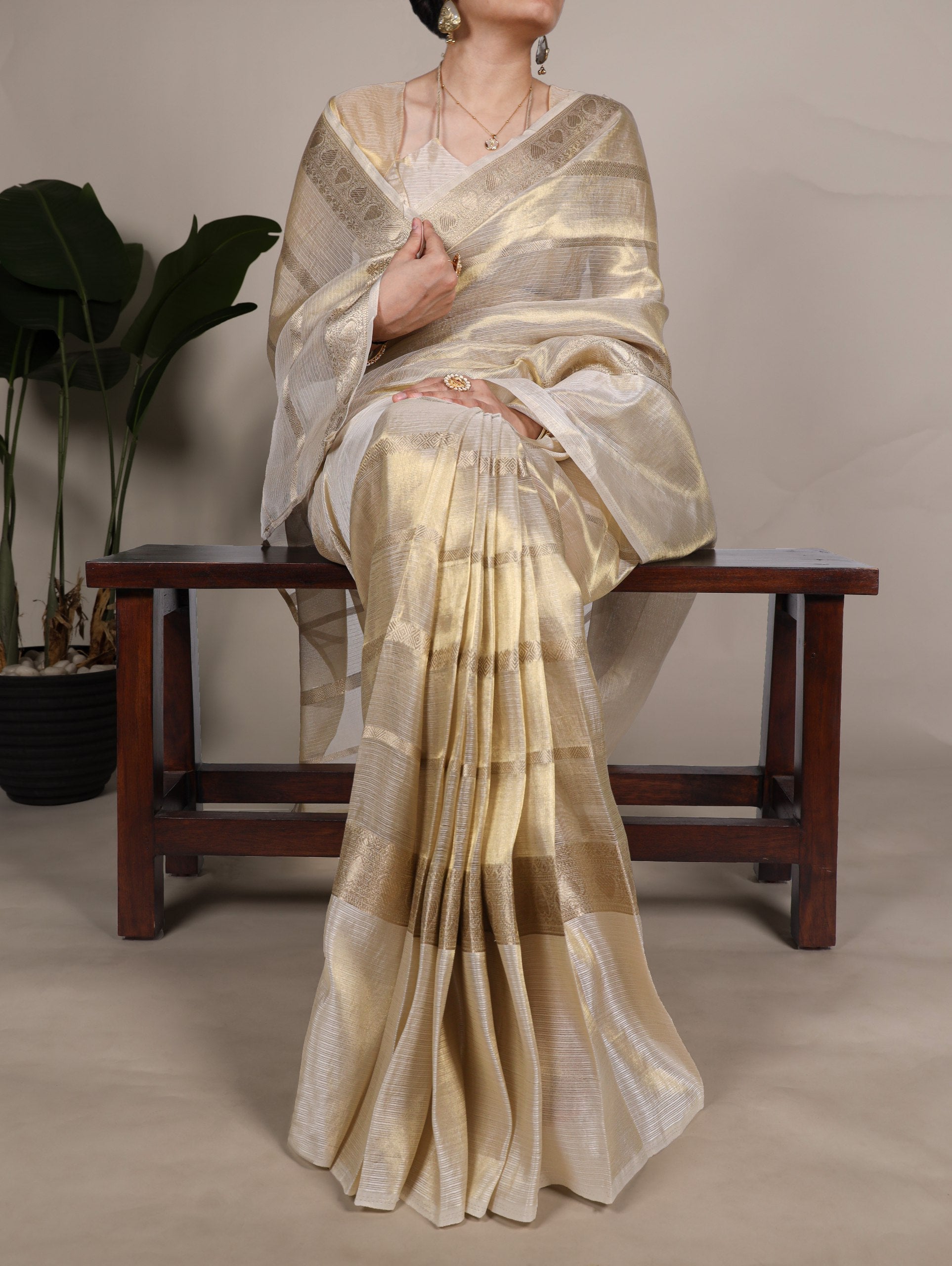 Off White Luxurious Gold Tissue Zari Woven Saree Set – Unstitched Blouse Included