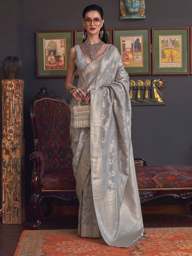 Gray Banarasi Silk Blend Saree with Bidri Work & Zari Buta – Gold Accents & Tassel Detailing