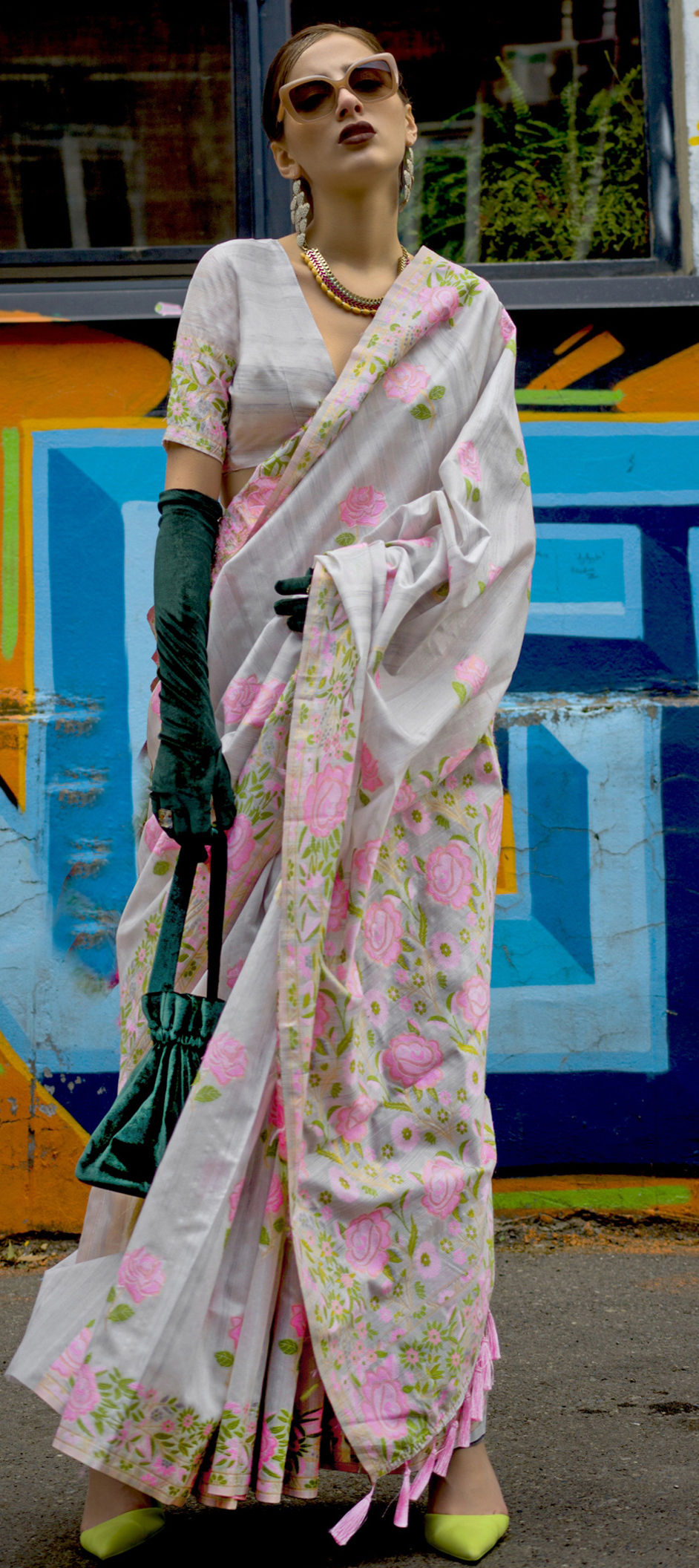 Gray Banarasi Silk Saree with Zari Kashmiri Weaving  & Unstitched Blouse