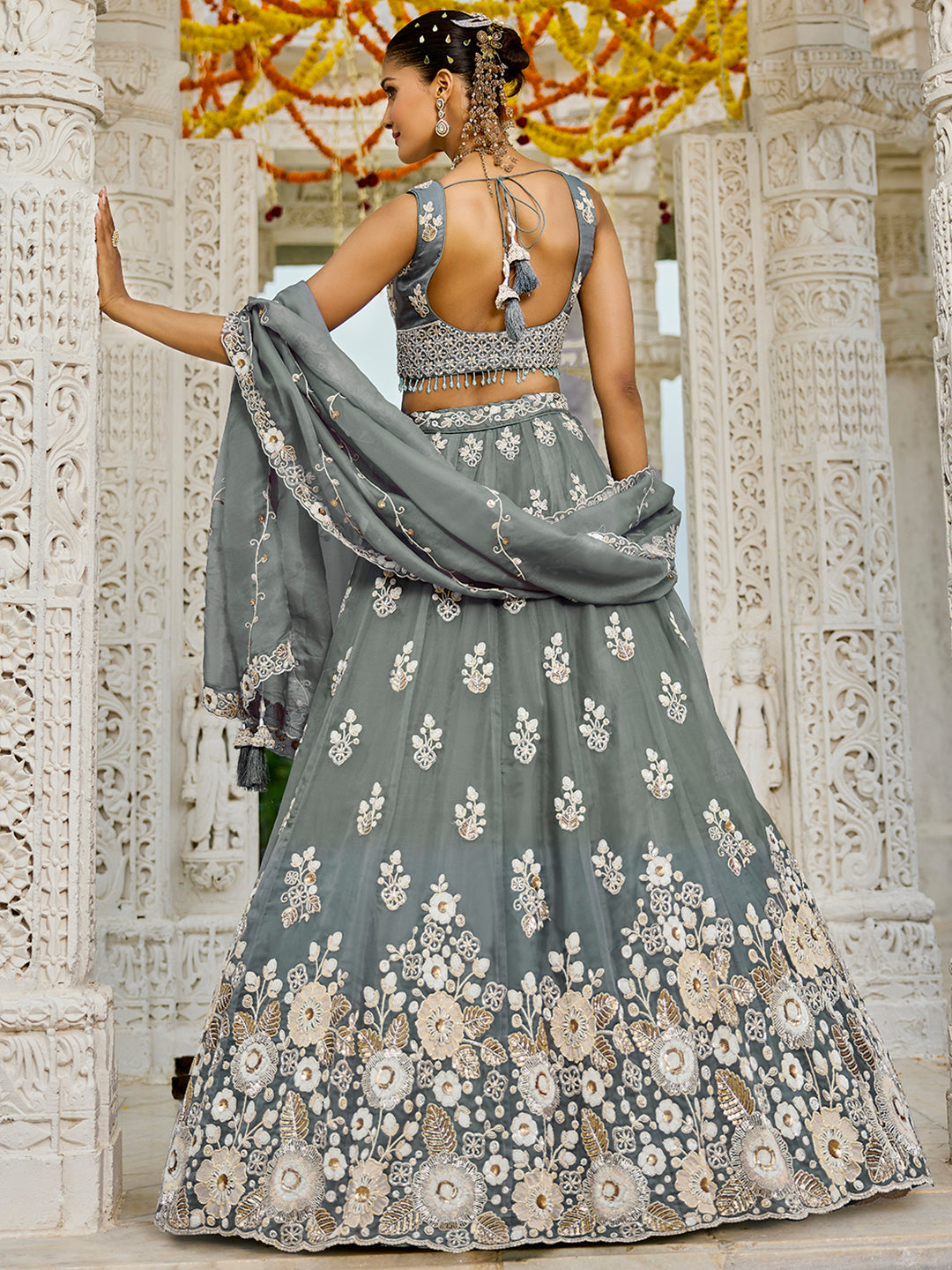 Gray Designer Organza Sequin & Embroidery Work Lehenga Choli with Dupatta – 4Meter Grand Flair, Fully Stitched