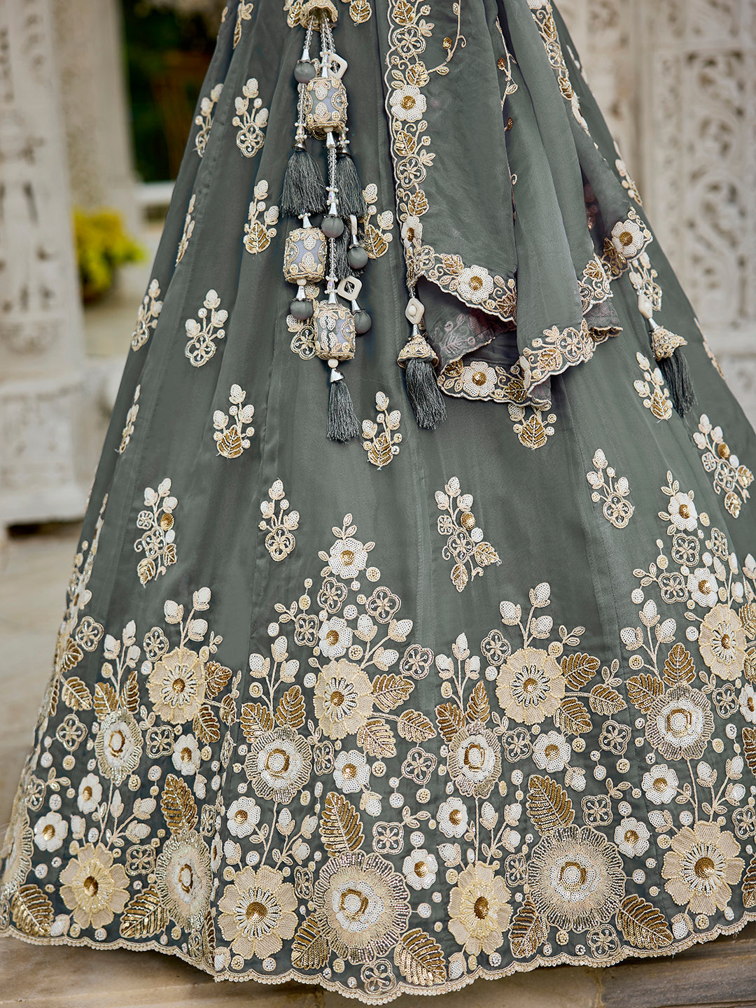 Gray Designer Organza Sequin & Embroidery Work Lehenga Choli with Dupatta – 4Meter Grand Flair, Fully Stitched