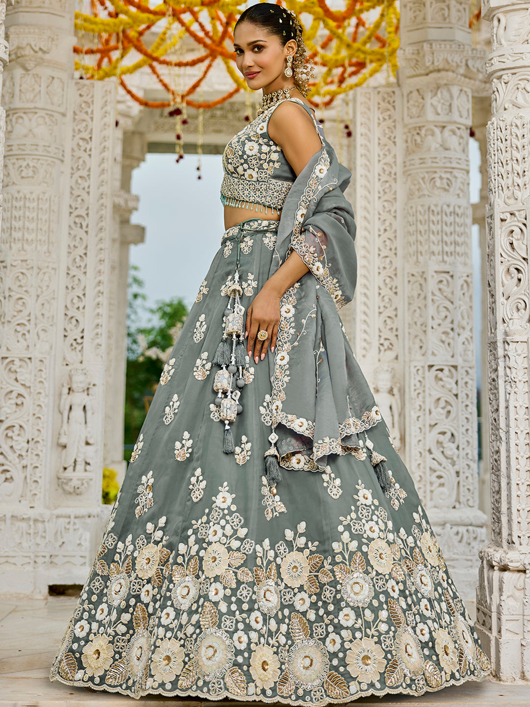 Gray Designer Organza Sequin & Embroidery Work Lehenga Choli with Dupatta – 4Meter Grand Flair, Fully Stitched