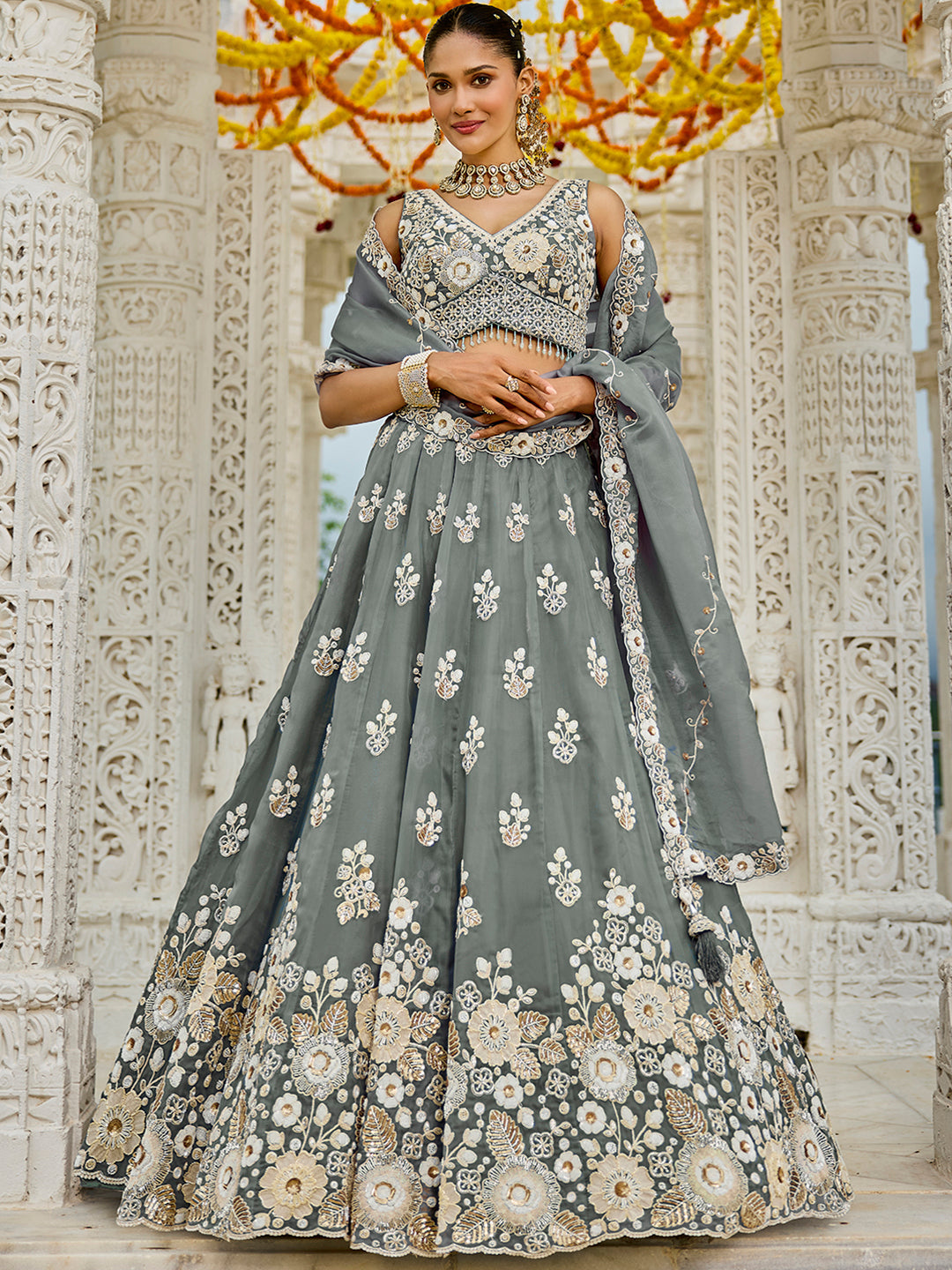 Gray Designer Organza Sequin & Embroidery Work Lehenga Choli with Dupatta – 4Meter Grand Flair, Fully Stitched