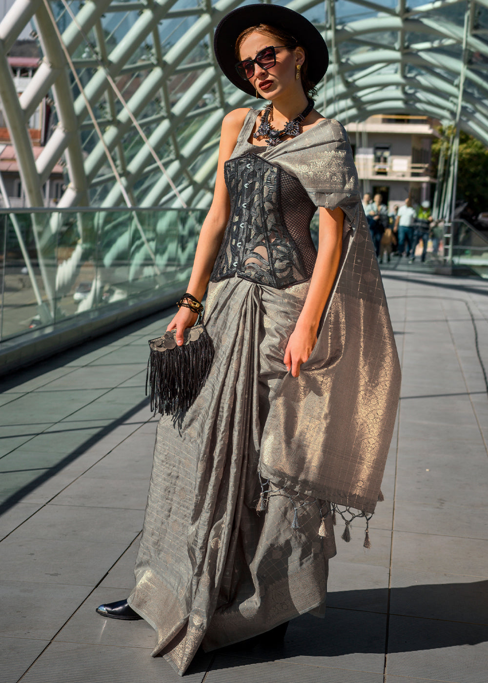 Gray Elegant Banarasi Blended Silk Saree – Handwoven Heritage for Special Occasions