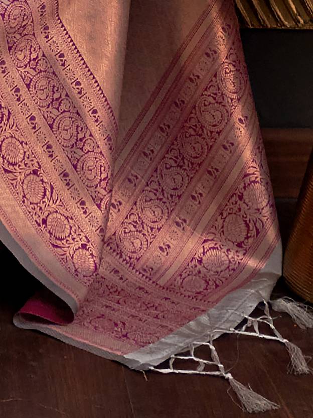 Gray Elegant Banarasi Silk Blend Woven Saree with Tassel Detailing