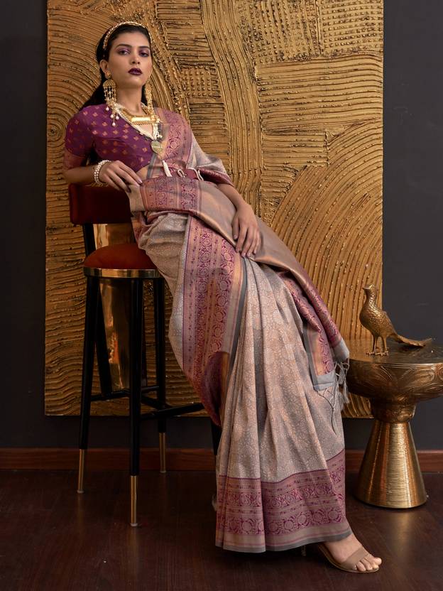 Gray Elegant Banarasi Silk Blend Woven Saree with Tassel Detailing
