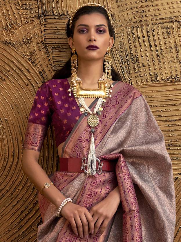 Gray Elegant Banarasi Silk Blend Woven Saree with Tassel Detailing