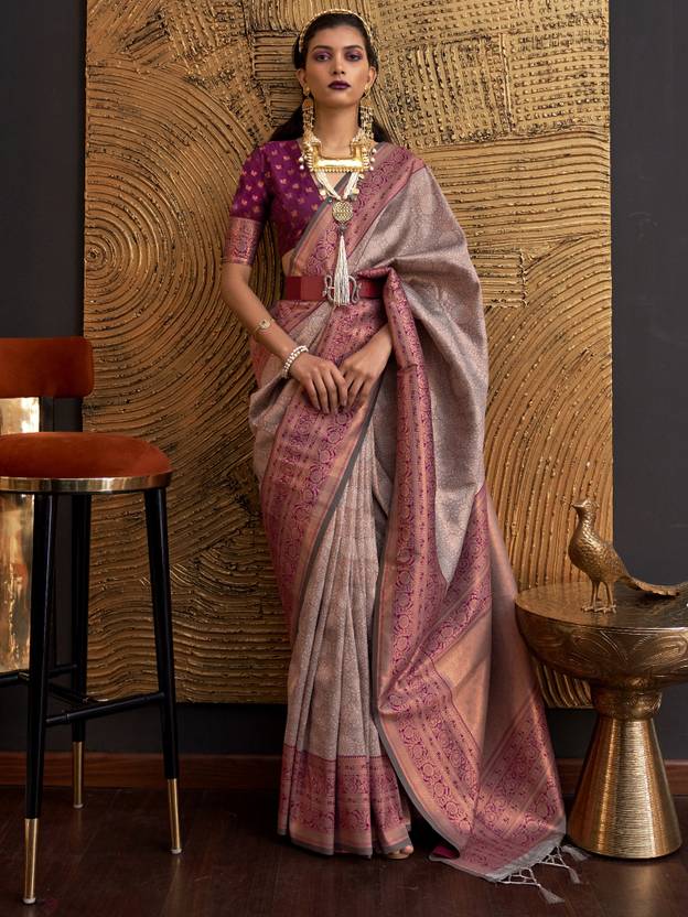 Gray Elegant Banarasi Silk Blend Woven Saree with Tassel Detailing