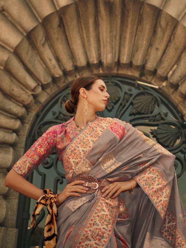 Gray Elegant Banarasi Silk Blend Woven Saree with Unstitched Blouse Piece