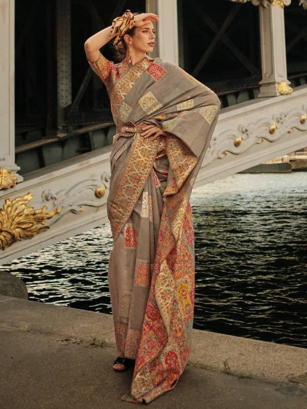Gray Elegant Banarasi Silk Blend Woven Saree with Unstitched Blouse Piece