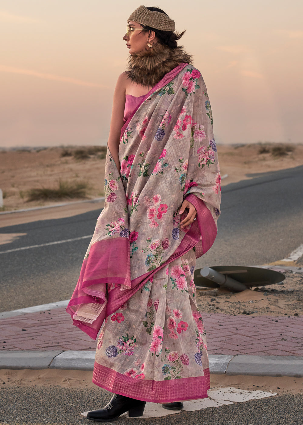 Gray Elegant Blended Linen Silk Saree – Breathable & Stylish for All Seasons