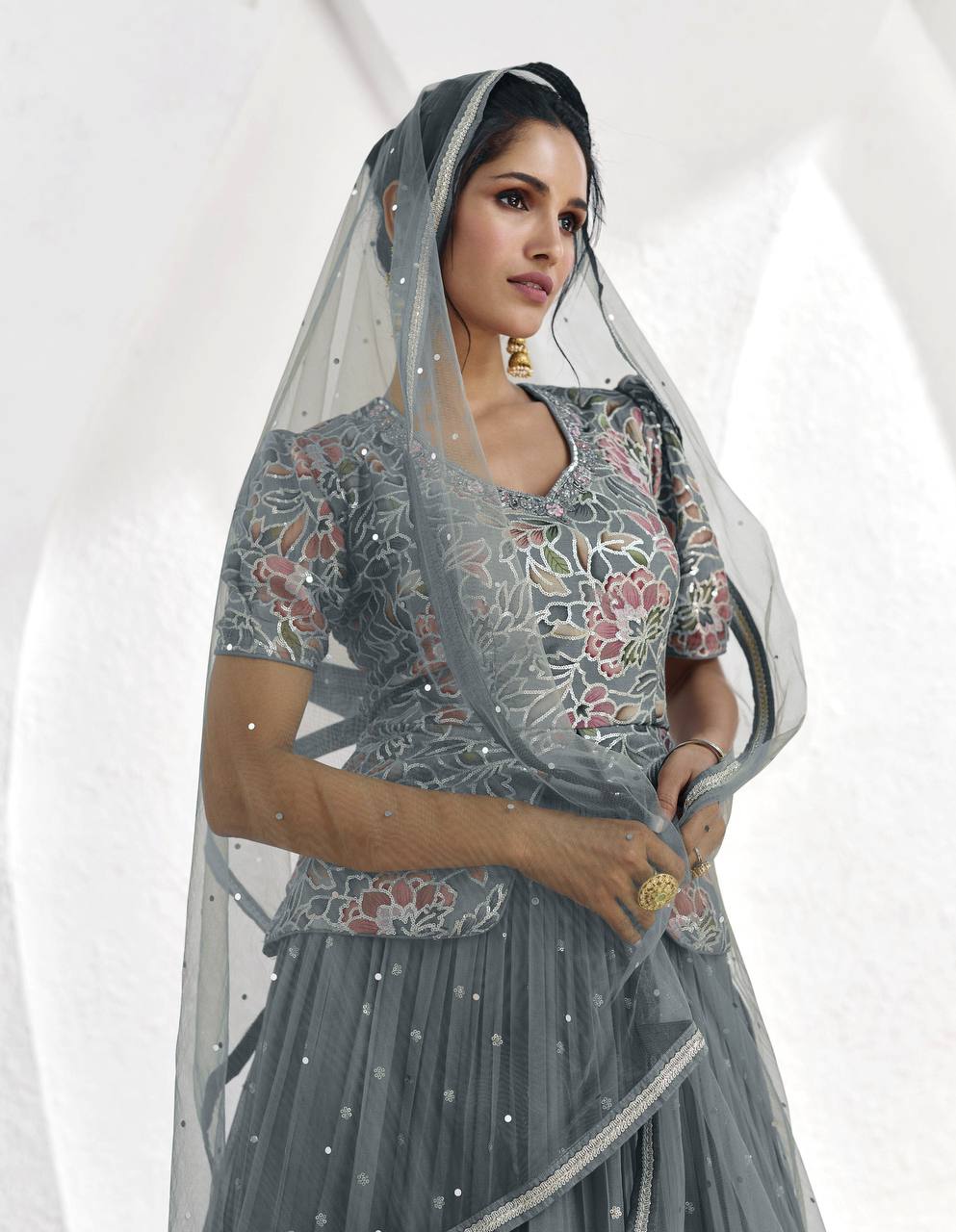 Gray Elegant Faux Georgette Embroidered Lehenga Set with Dupatta