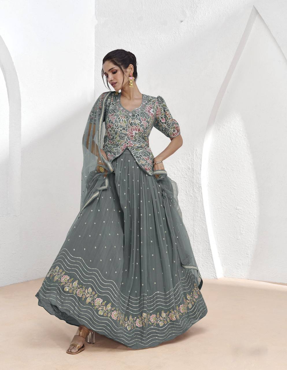 Gray Elegant Faux Georgette Embroidered Lehenga Set with Dupatta
