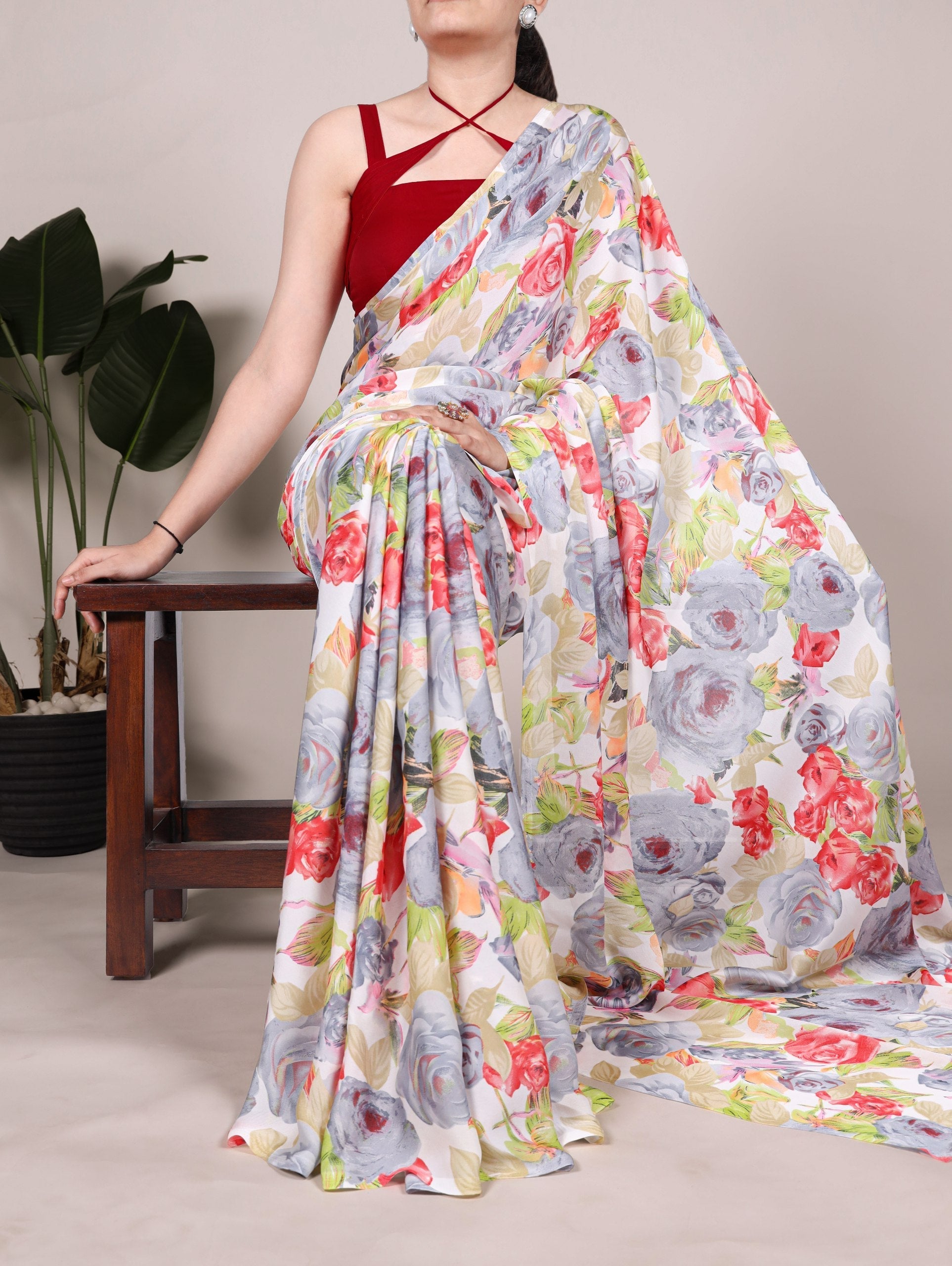 Gray Elegant Floral Printed Dull Satin Saree with Moonga Silk Blouse