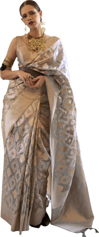 Gray Elegant Handloom Organza Woven Bollywood Saree with Unstitched Blouse Piece
