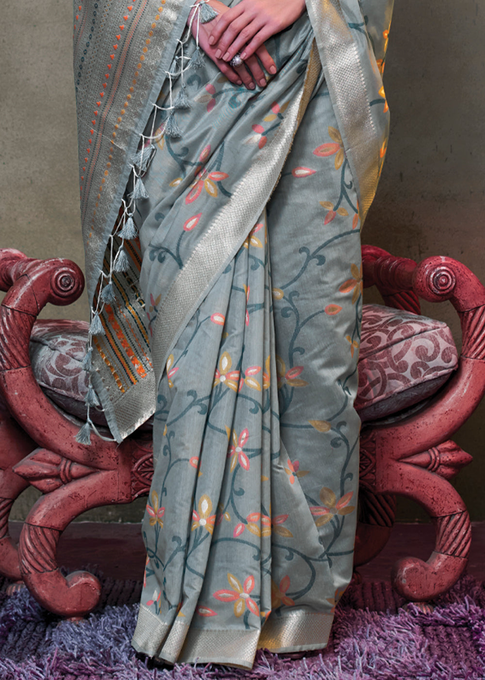 Gray Elegant Jamdani Modal Cotton Silk Saree – Timeless Weave with Intricate Motifs