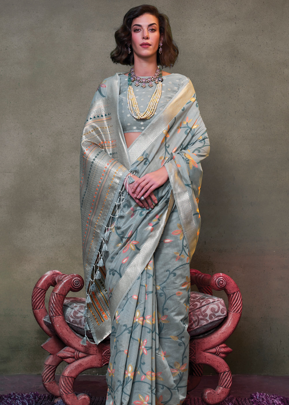 Gray Elegant Jamdani Modal Cotton Silk Saree – Timeless Weave with Intricate Motifs