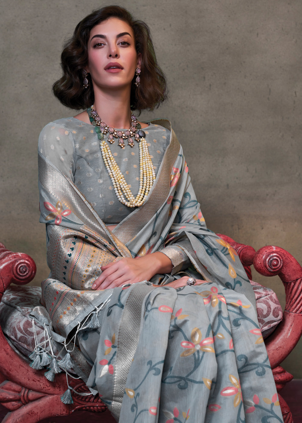 Gray Elegant Jamdani Modal Cotton Silk Saree – Timeless Weave with Intricate Motifs