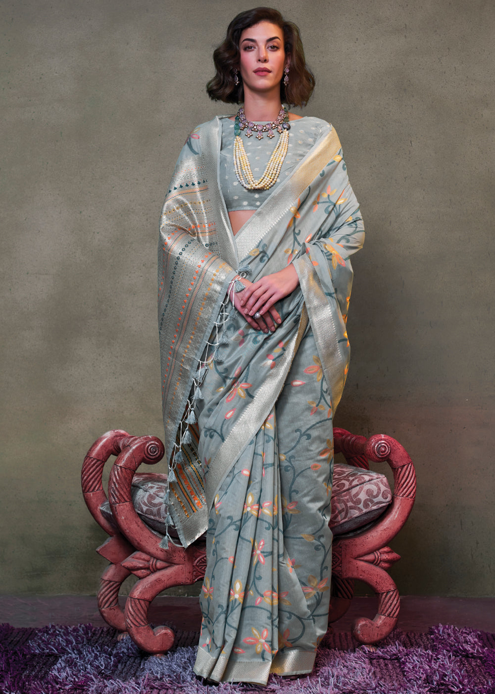 Gray Elegant Jamdani Modal Cotton Silk Saree – Timeless Weave with Intricate Motifs