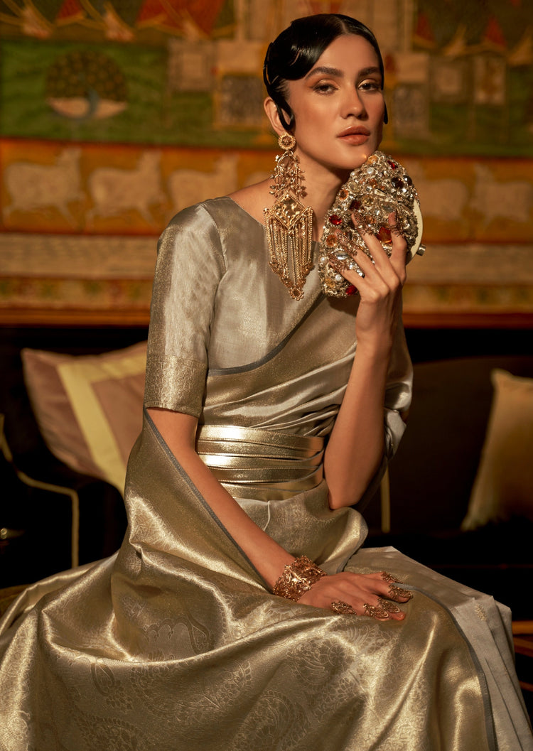 Gray Elegant Kanjivaram Kanchipuram Silk Saree Traditional Grace