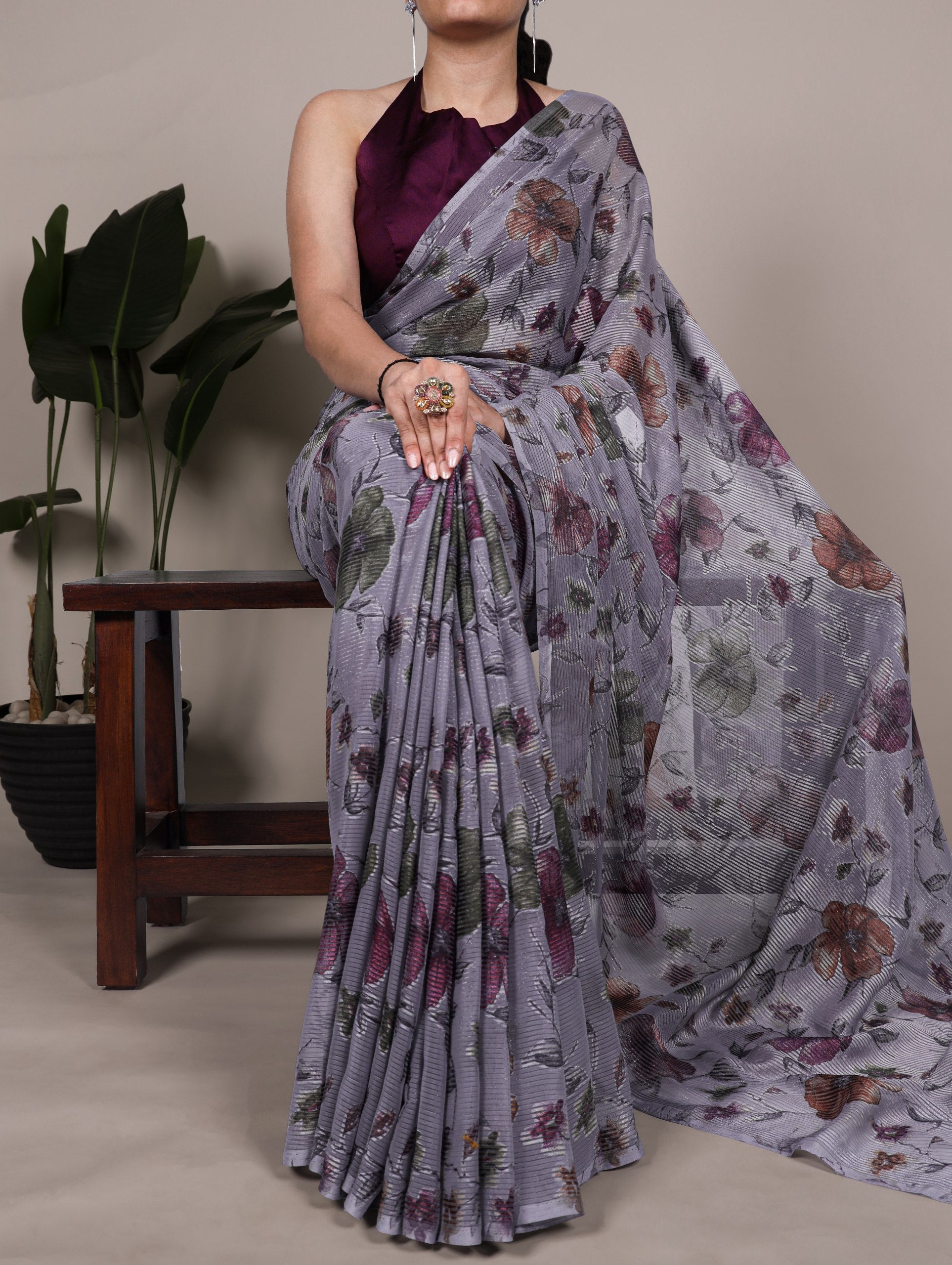 Gray Elegant Lurex Brasso Saree with Floral Viscose Brasso Work & Silk Blouse Piece
