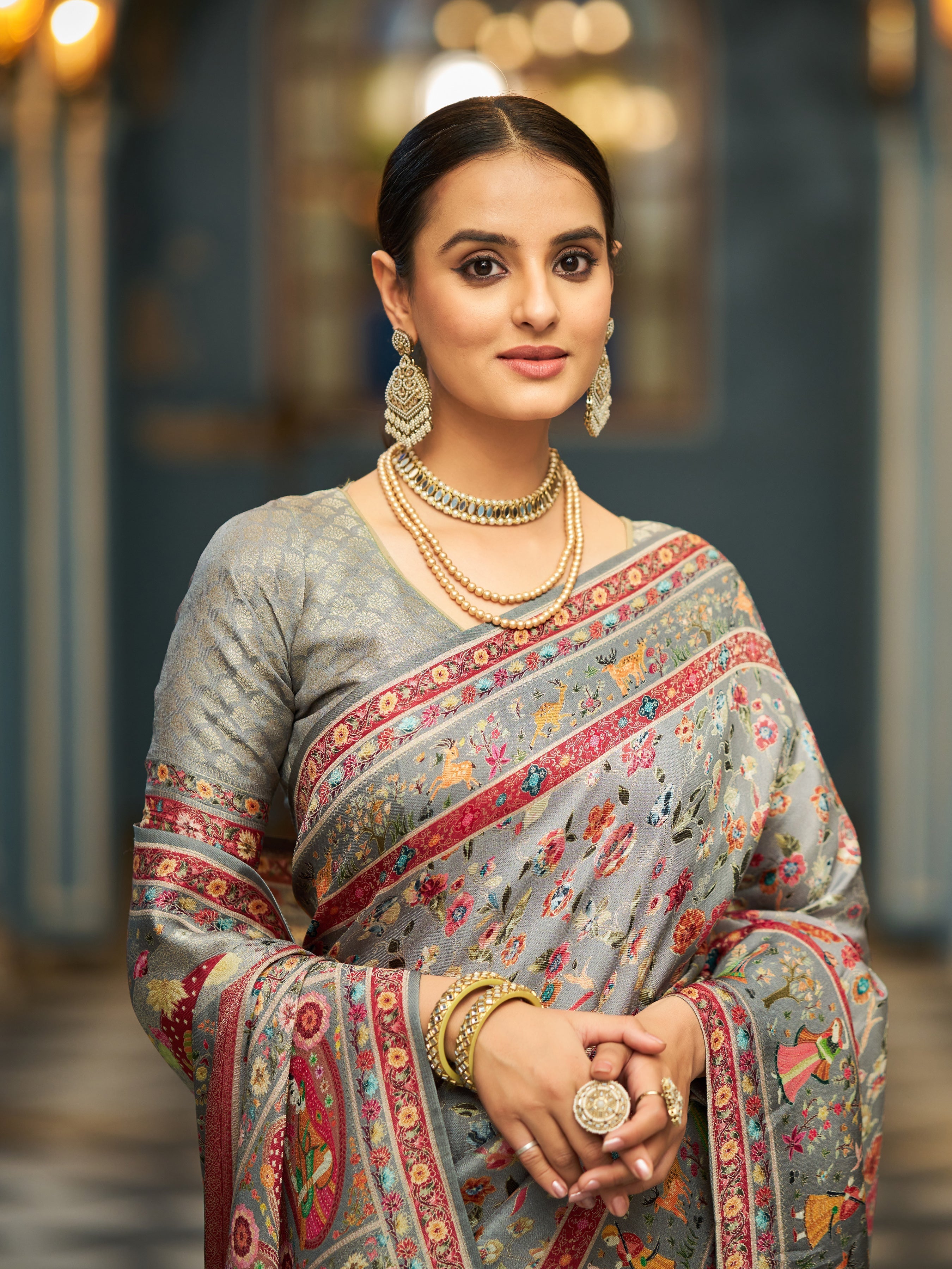 Gray Elegant Pashmina Kashmiri Jacquard Saree with Kalamkari & Meenakari Weaving