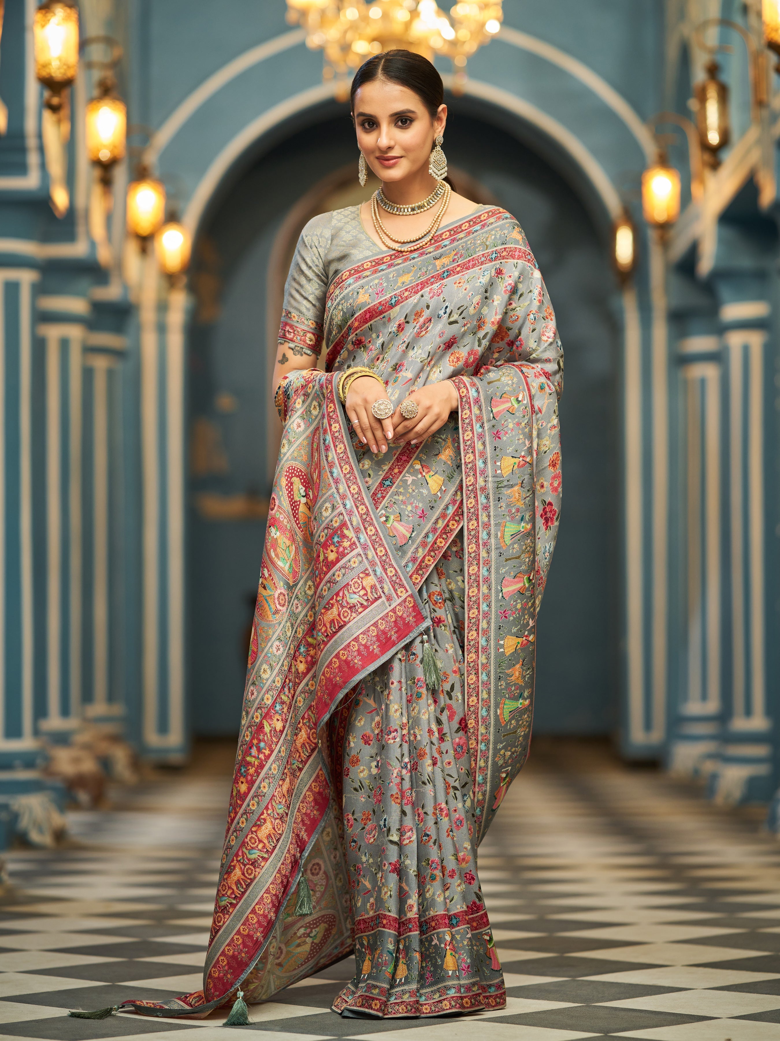 Gray Elegant Pashmina Kashmiri Jacquard Saree with Kalamkari & Meenakari Weaving