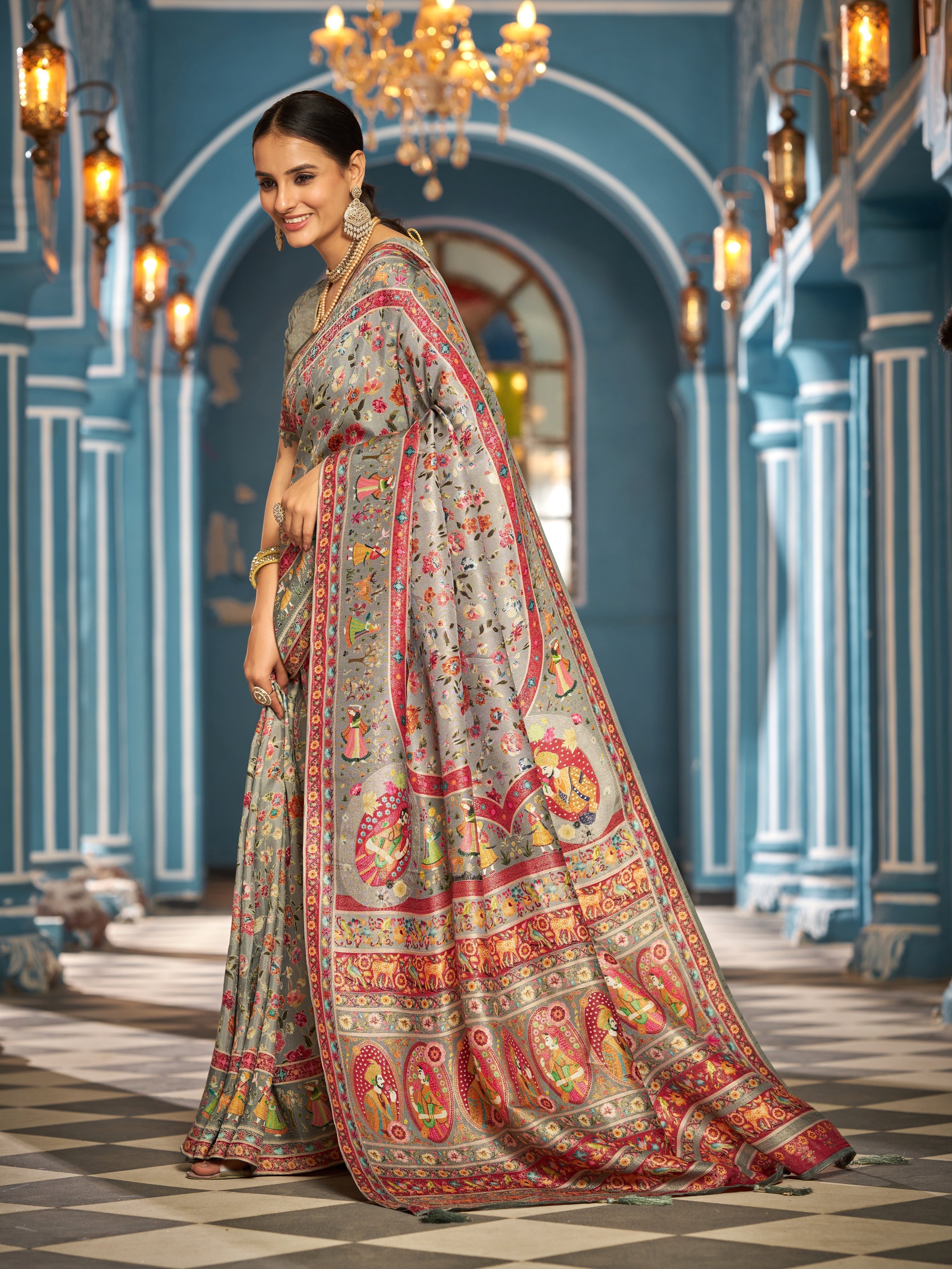 Gray Elegant Pashmina Kashmiri Jacquard Saree with Kalamkari & Meenakari Weaving