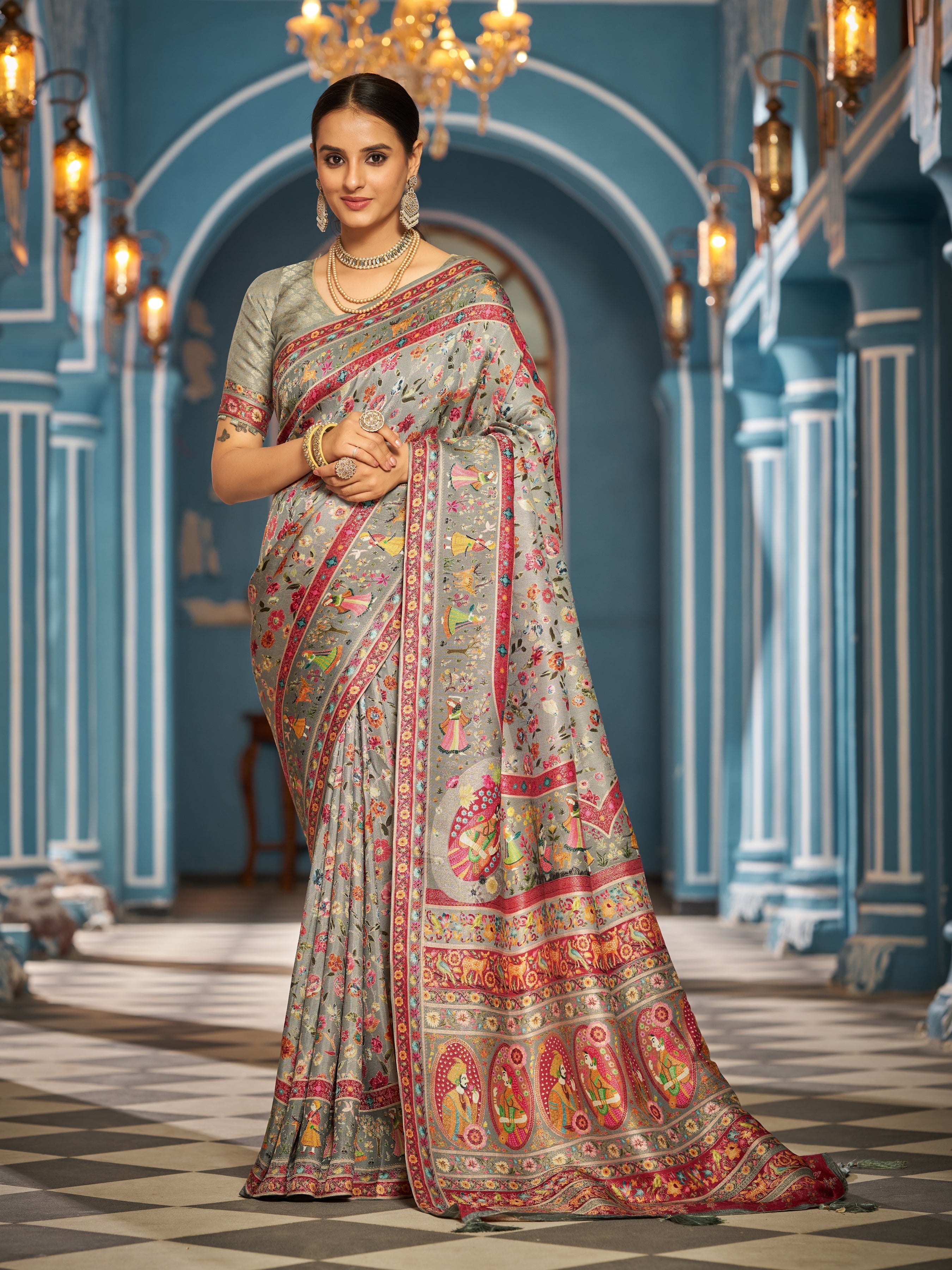 Gray Elegant Pashmina Kashmiri Jacquard Saree with Kalamkari & Meenakari Weaving