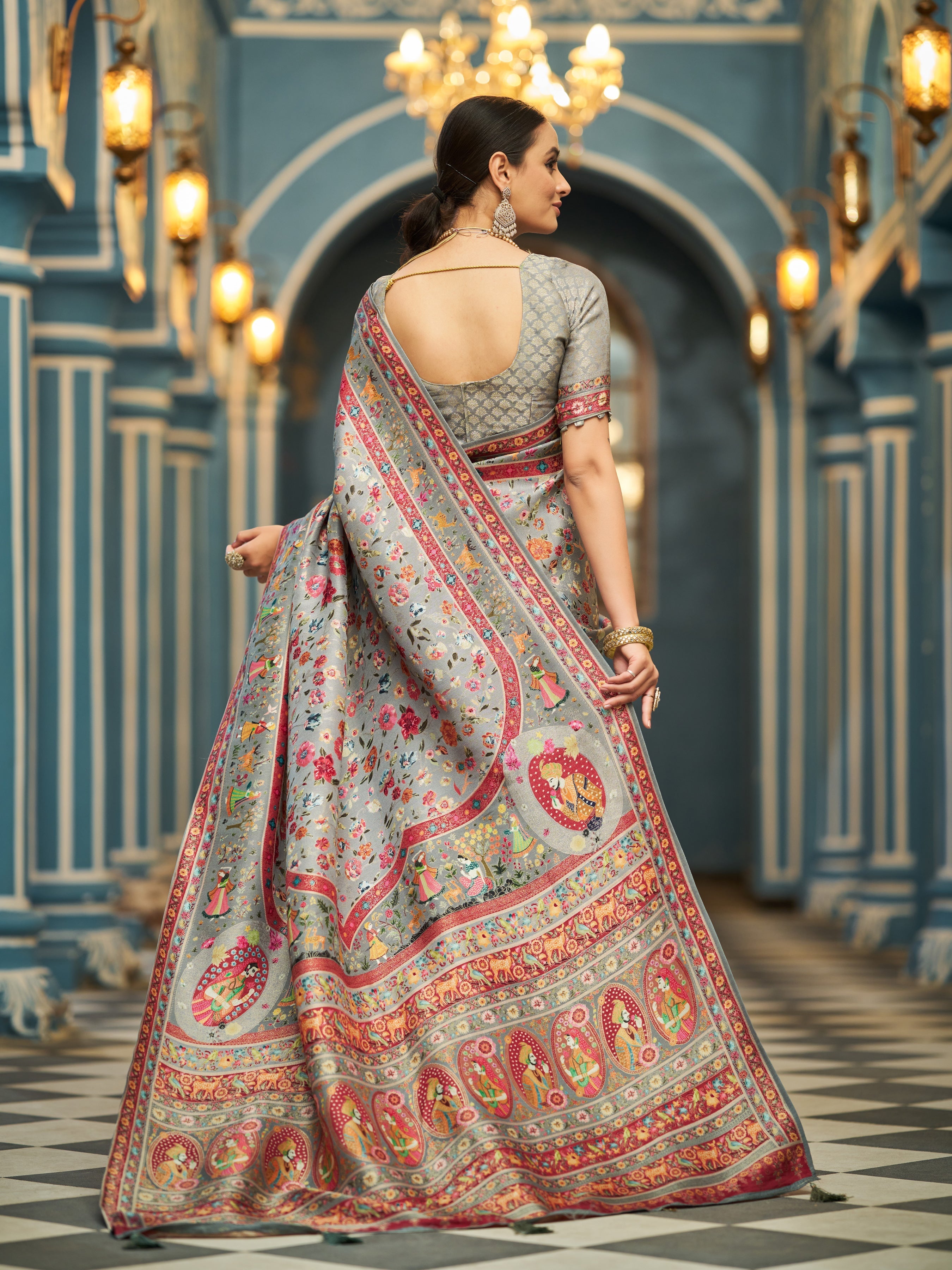 Gray Elegant Pashmina Kashmiri Jacquard Saree with Kalamkari & Meenakari Weaving