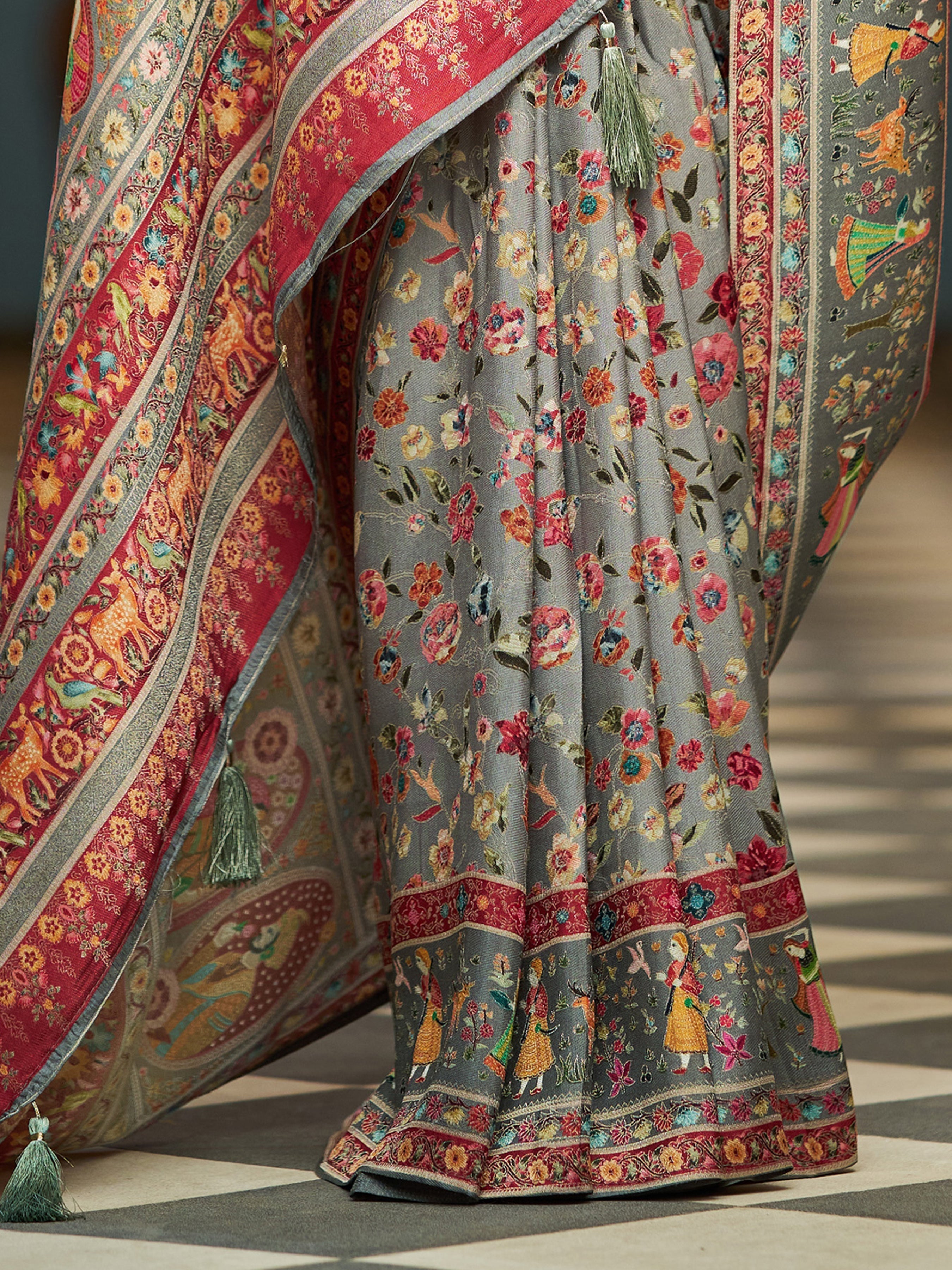 Gray Elegant Pashmina Kashmiri Jacquard Saree with Kalamkari & Meenakari Weaving