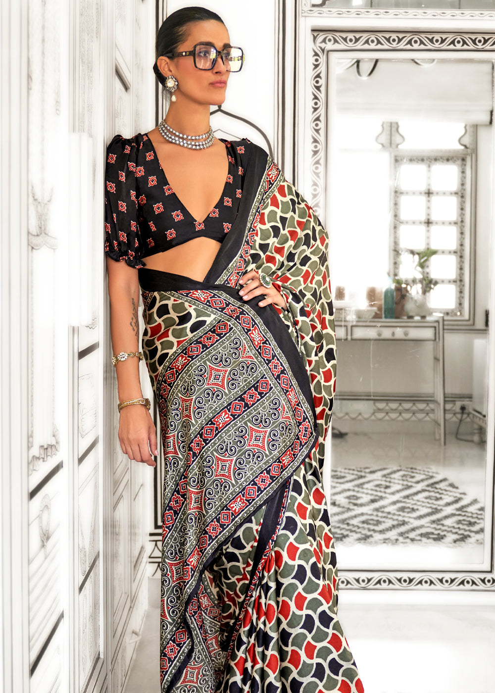 Gray Elegant Satin Crepe Saree – Luxurious & Graceful Drape