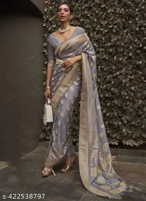 Gray Elegant Silk Blend Banarasi Saree with Unstitched Blouse Piece