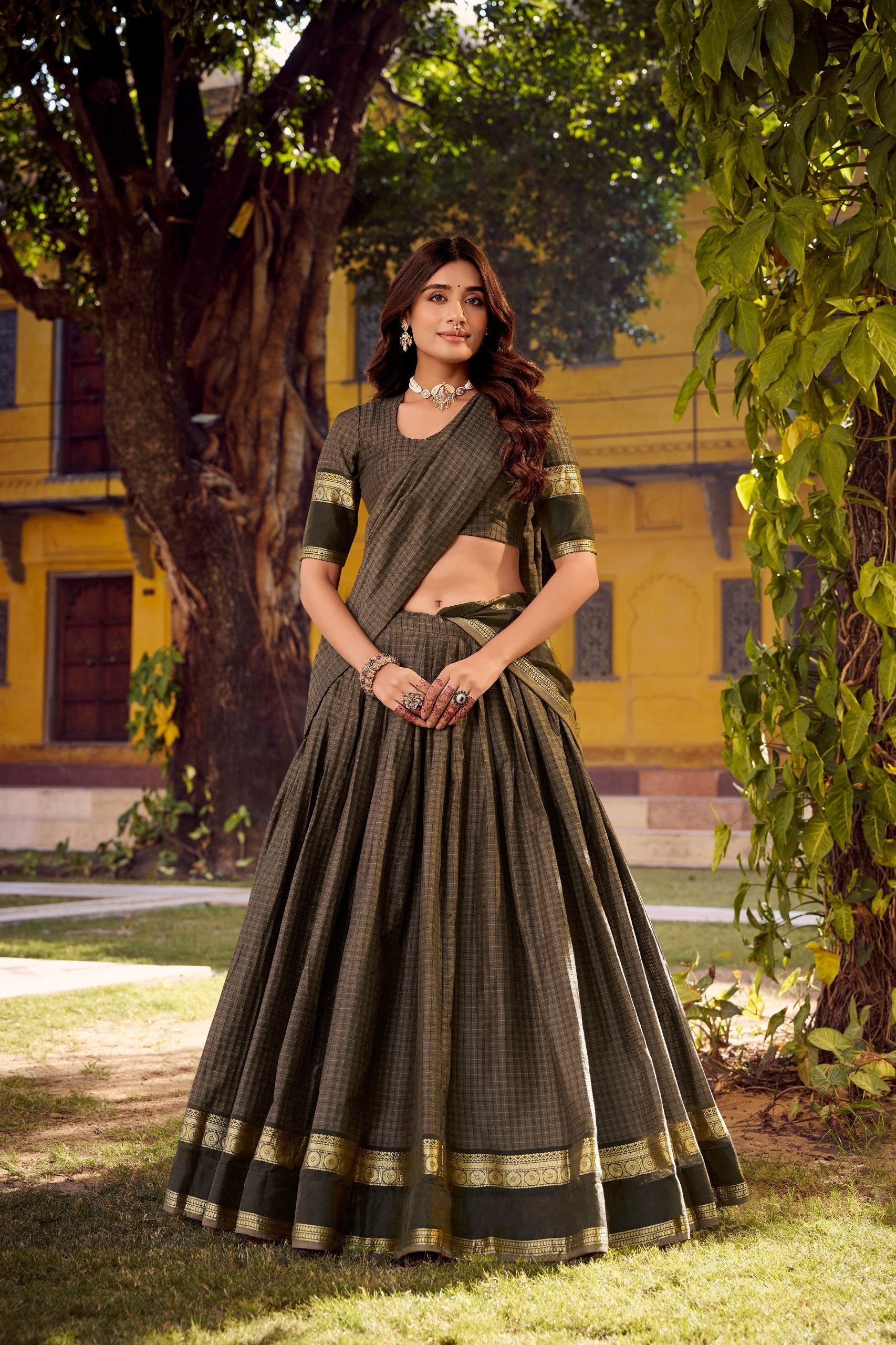 Gray Elegant Stitched Chettinad Cotton Lehenga with Checks & Zari Weaving – Traditional Festive Wear Set