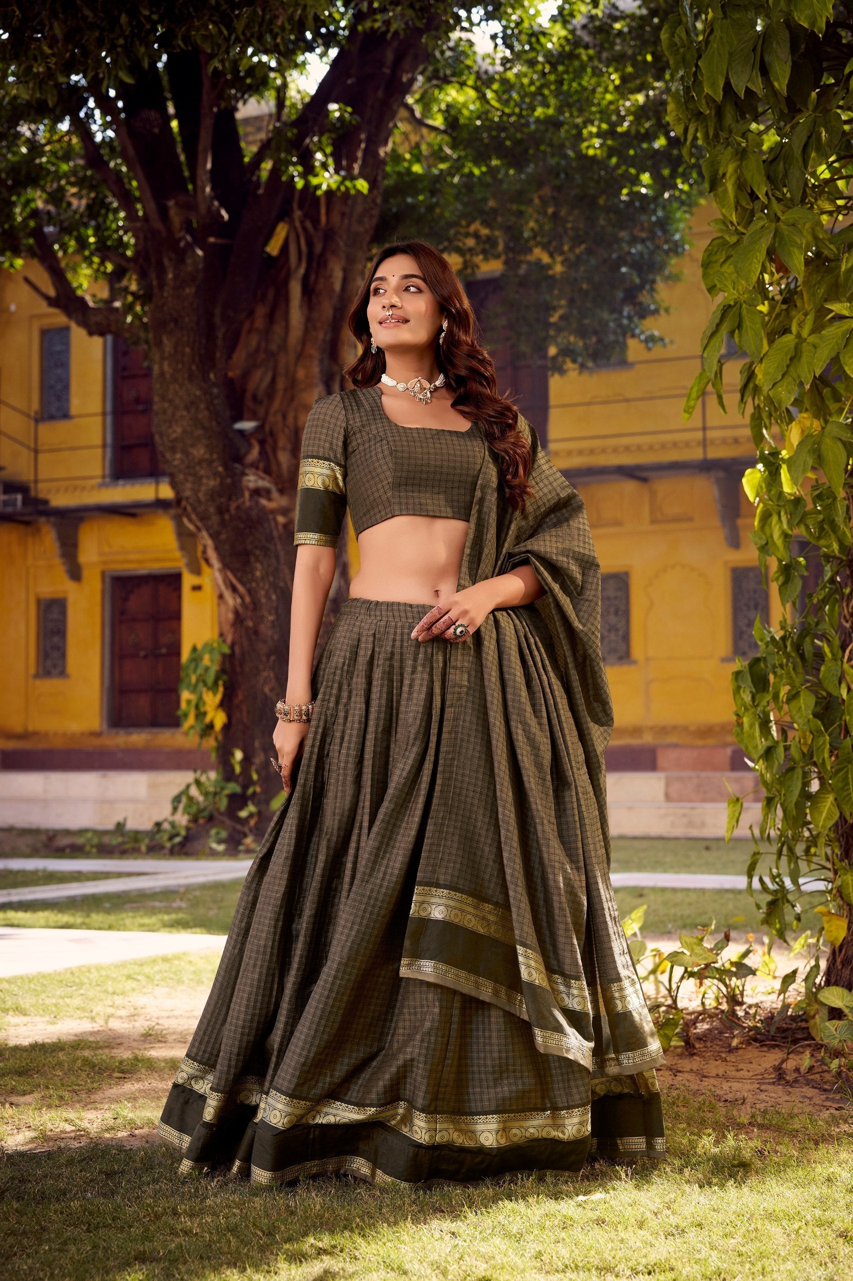 Gray Elegant Stitched Chettinad Cotton Lehenga with Checks & Zari Weaving – Traditional Festive Wear Set